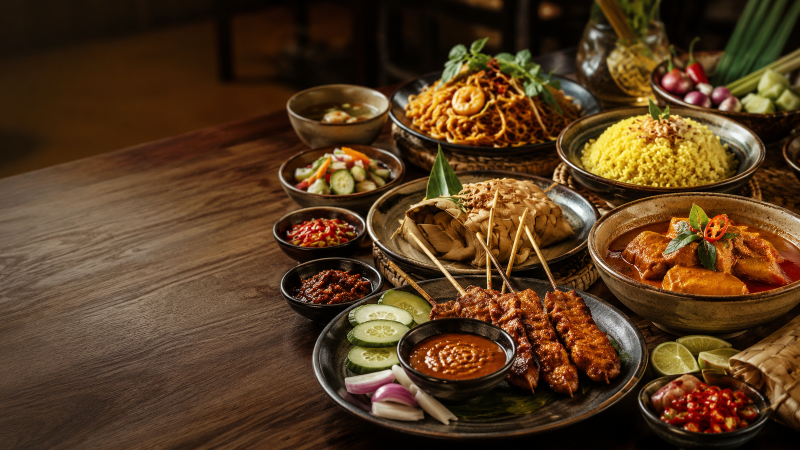 Authentic Malaysian dining hero image featuring Penang City signature dishes in a warm premium restaurant setting
